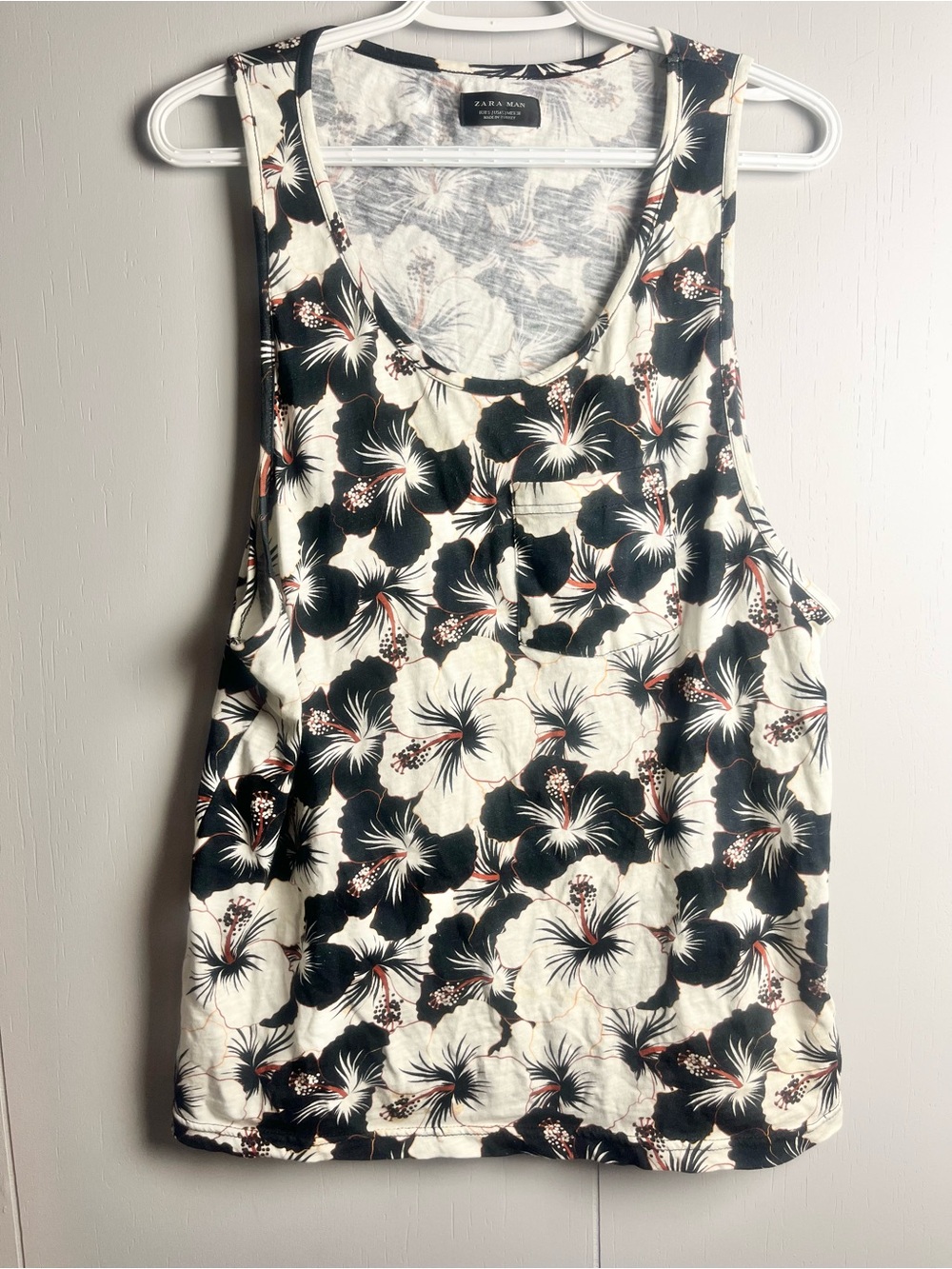 Zara Man Floral Tank Top Cream Black Tropical Print Sleeveless Shirt Size M
